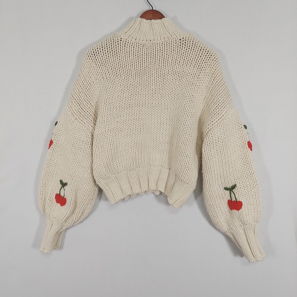 Forever 21 Cherry Sweater L Chunky Knit Cream Cropped Balloon Sleeve Mock Neck - Picture 3 of 8
